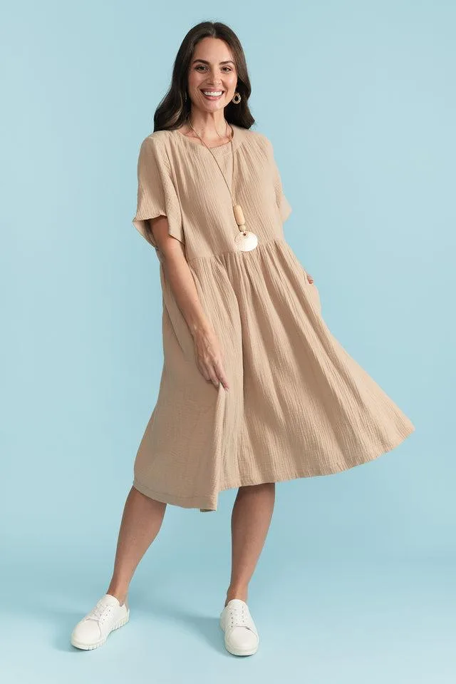 Essential Cotton Midi Dress in white, studio shot on model